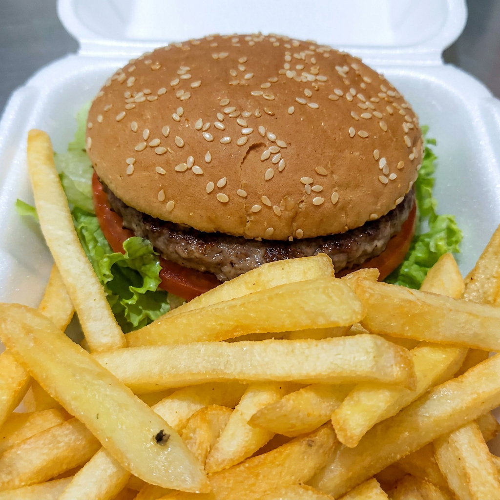 Um deleite para o paladar, o 'Lanche e Batata Frita' é a escolha perfeita para os amantes de hambúrguer. Esta oferta inclui um suculento X-Burguer, que é cuidadosamente preparado com ingredientes frescos e de alta qualidade. O hambúrguer é complementado com uma generosa porção de batatas fritas crocantes e douradas, que são fritas à perfeição. Esta combinação irresistível é a melhor opção na categoria 'Promoção de Lanches e Batatas'. Desfrute deste clássico fast food que nunca sai de moda.