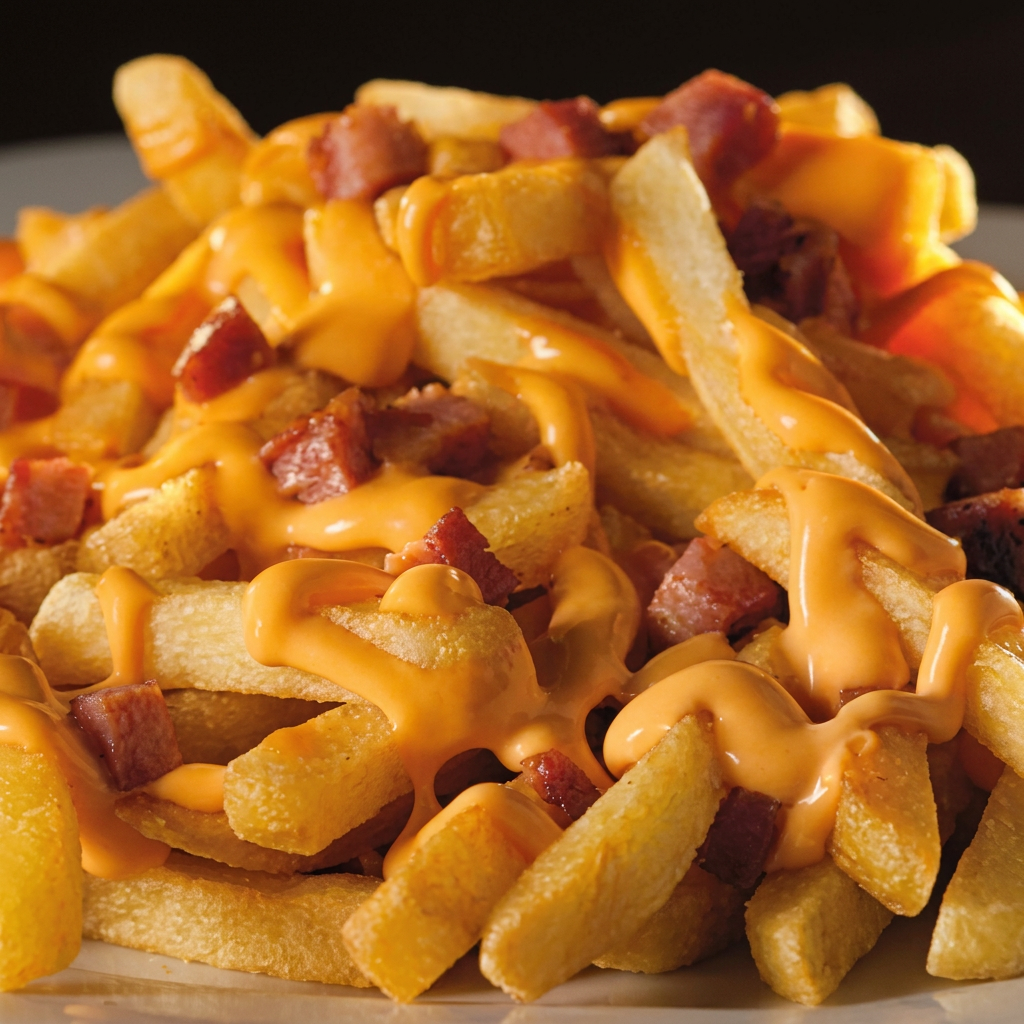 Uma Porcao De Batata Frita Cheddar E Bacon