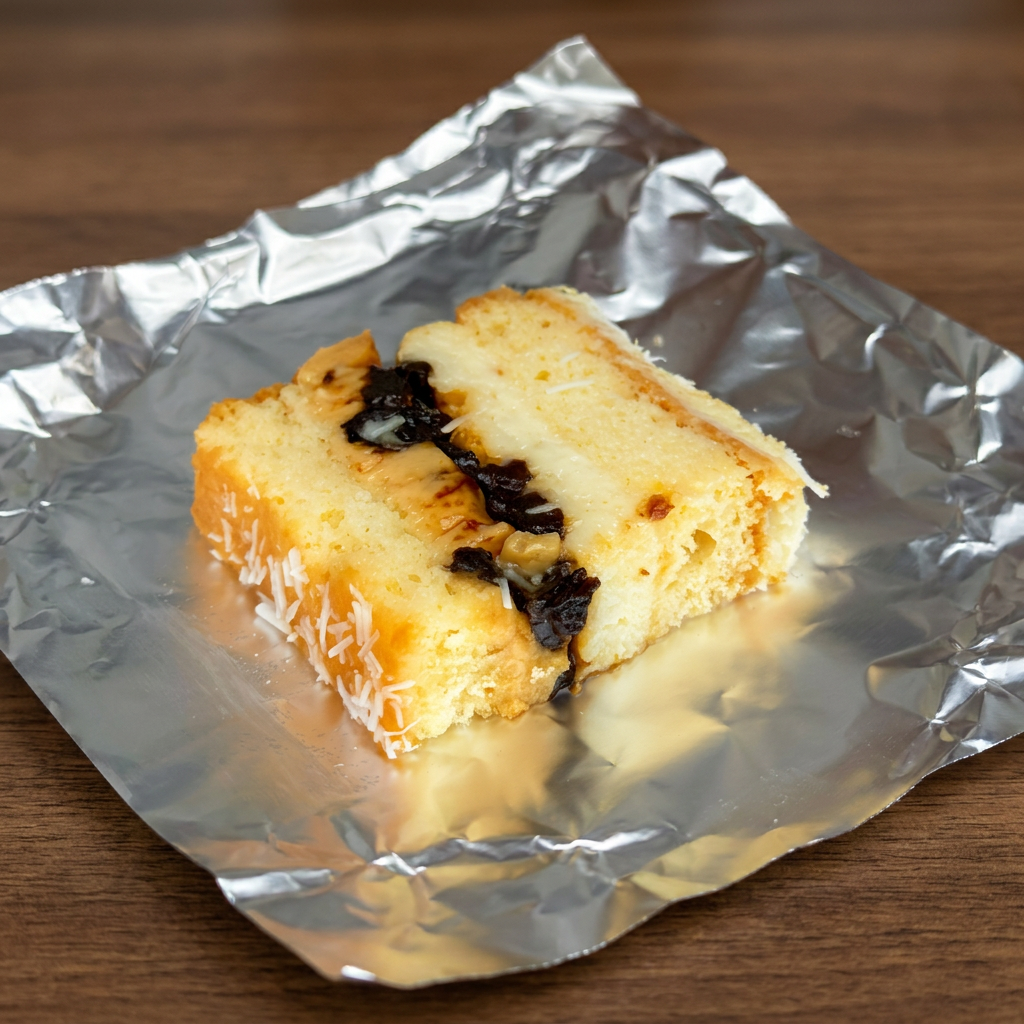 Bolo massa branca com recheio de doce de leite com coco e ameixas
Serve 1 pessoa.