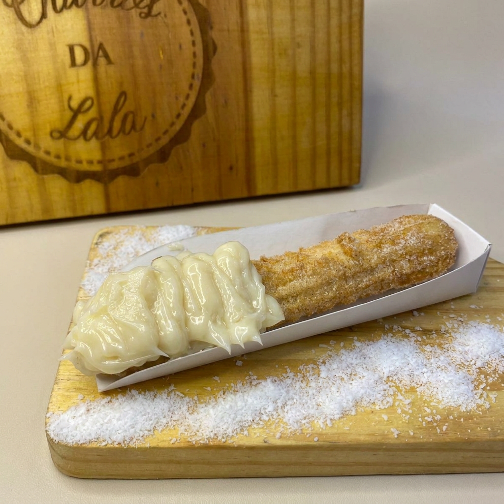 massa fresca, artesanal, feita todos os dias, bem fritinho e crocante, envolvido em açúcar e canela, com um delicioso recheio de beijinho.