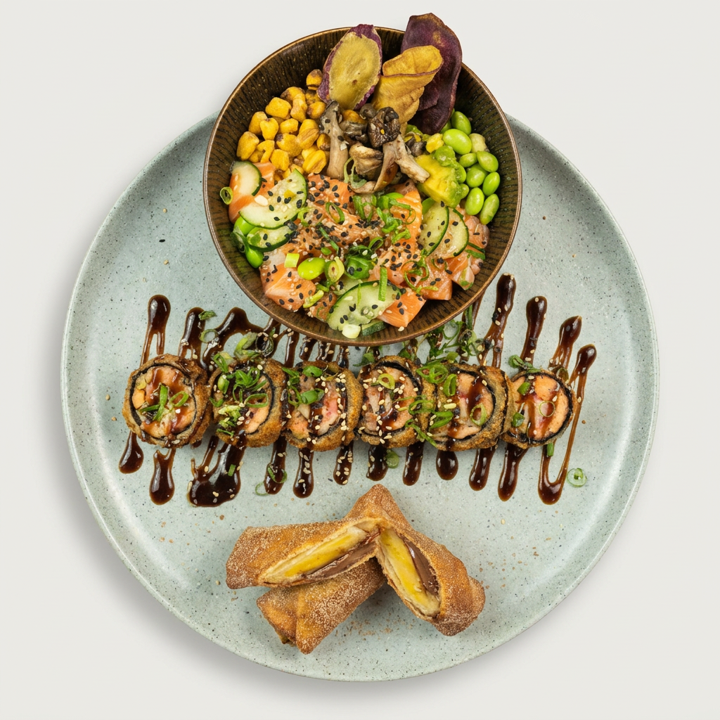 Esse poke foi desenvolvido para quem quer comida de qualidade e agilidade. Assim possui uma quantidade menor de ingredientes. (80g) Salmão cru ou grelhado, Atum, Mix, shari, molho tradicional, edamame, cebola roxa, pepino japonês, manga, crispy couve, sunomono, gergelim, cebolinha, nori chips de batata doce frita no óleo de coco. Sobremesa - 2 Unidades de Rolinho primavera com banana e chocolate dentro, empanado - no açúcar e canela. Entrada Enrolado com Salmão e kani , com cebolinha e finalizamos com molho tarê e gergelim. obs: Nosso Hot roll não vem arroz. tags Sushi, Temaki, Sashimi, Teriaki, Tarê, Shoyu, Hossomaki, Futomaki, Niguiri, Poke, Yakisoba, Yakissoba, Guioza, Rolinho Primavera, Harumaki,