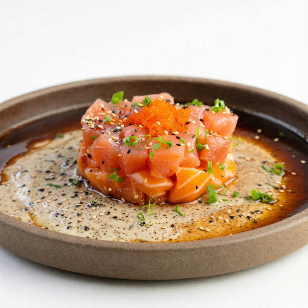 Cubos generosos de salmão fresco, marinados em um molho especial levemente trufado, finalizados com gergelim, cebolinha e ovas de tobiko. Uma entrada sofisticada, com equilíbrio perfeito entre frescor, e texturas. tags Sushi, Temaki, Sashimi, Teriaki, Tarê, Shoyu, Hossomaki, Futomaki, Niguiri, Poke, Yakisoba, Yakissoba, Guioza, Rolinho Primavera, Harumaki,