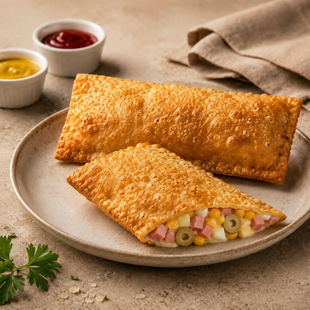 Versão mais recheada em um pastel de 21 cm. Com : presunto, queijo, milho, ovo picado e azeitonas . Adicione complementos e deixe ainda mais gostoso.