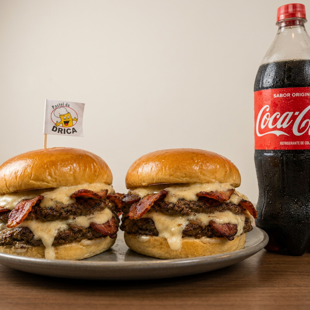 Dois Cream Cheese Bacon Duplo acompanhados de Coca-Cola 1 litro gelada. Um combo completo para o jantar, com hambúrguer suculento, bacon crocante, cream cheese cremoso e pão macio, perfeito para dividir e matar a fome com muito sabor.