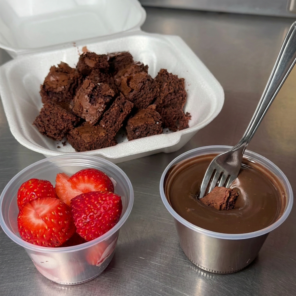 Pedaços de brownie de chocolate acompanhados de morangos frescos e um delicioso creme de avelã Dorella para mergulhar e aproveitar cada mordida. A combinação perfeita entre o sabor intenso do chocolate e o frescor da fruta.