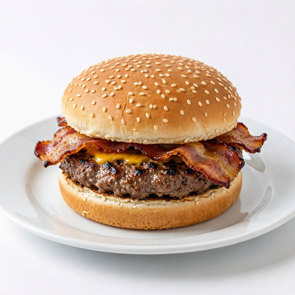 Hamburgão com Bacon Pão macio, hambúrguer suculento e uma generosa camada de bacon crocante, formando uma combinação irresistível. Complete seu pedido adicionando uma bebida gelada! Acrescente uma bebida gelada ao seu pedido e aproveite ainda mais.