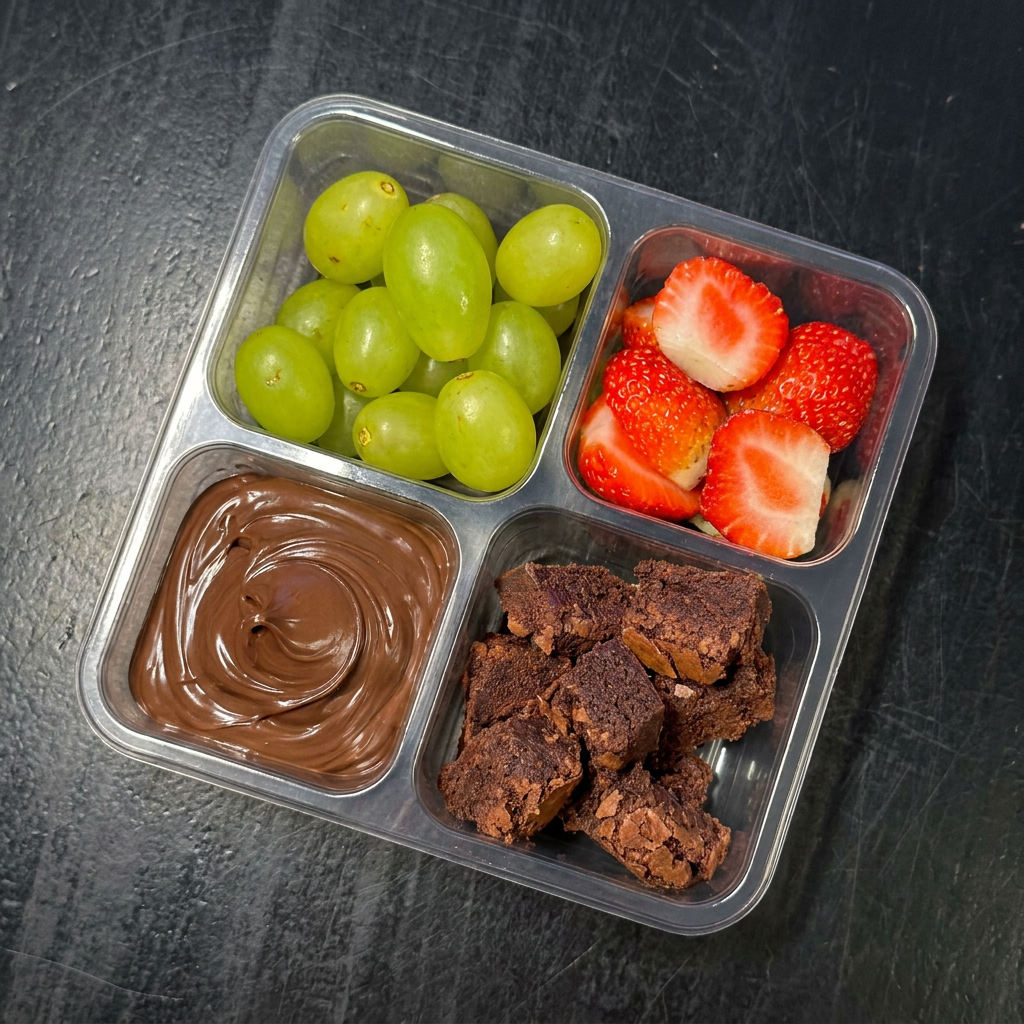 Pedaços de brownie de chocolate acompanhados de morangos frescos, uvas frescas e um delicioso creme de avelã Dorella para mergulhar e aproveitar cada mordida. A combinação perfeita entre o sabor intenso do chocolate e o frescor da fruta.