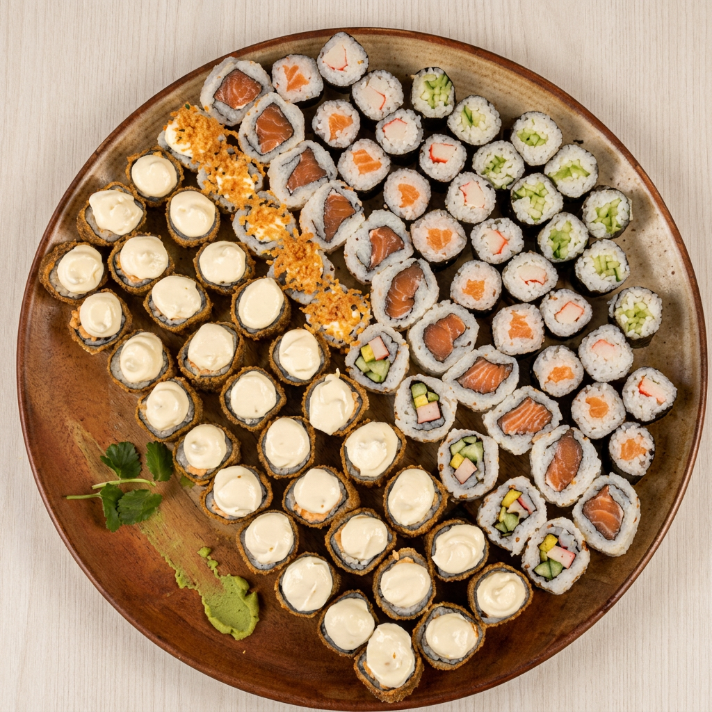 10 niguiri skin 10 hossomaki salmao 10 kanimaki 10 hot holl creme chese 10 hot hol couve+10 kapamaki + 10 uramaki california 10 uramki skin