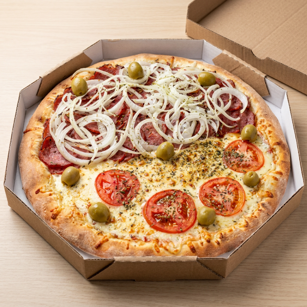 O melhor dos dois mundos: meia mussarela, meia calabresa, perfeita para agradar todos os gostos 🍕😋