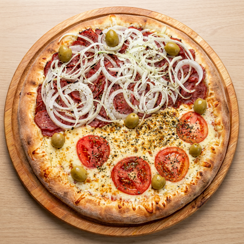 O melhor dos dois mundos: meia mussarela, meia calabresa, perfeita para agradar todos os gostos 🍕😋
