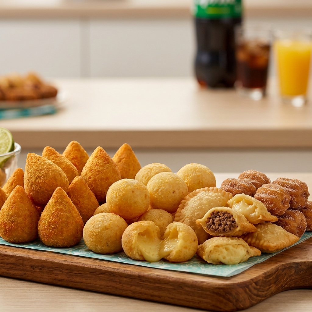 SABORES: COXINHA DE FRANGO SABOROSA, BOLINHA DE QUEIJO DERRETIDO, RISOLE DE PRESUNTO E QUEIJO, CALABRESA MOÍDA TEMPERADINHA, CARNE MOÍDA REFOGADA.
SABORES DOS PASTEIS ; CARNE MOIDA TEMPERADA QUEIJO DERRETIDO,PRESUNTO COM QUEIJO, PIZZA
PODENDO ESCOLHER OS SABORES DE SUA PREFERÊNCIA NO CAMPO OBS.