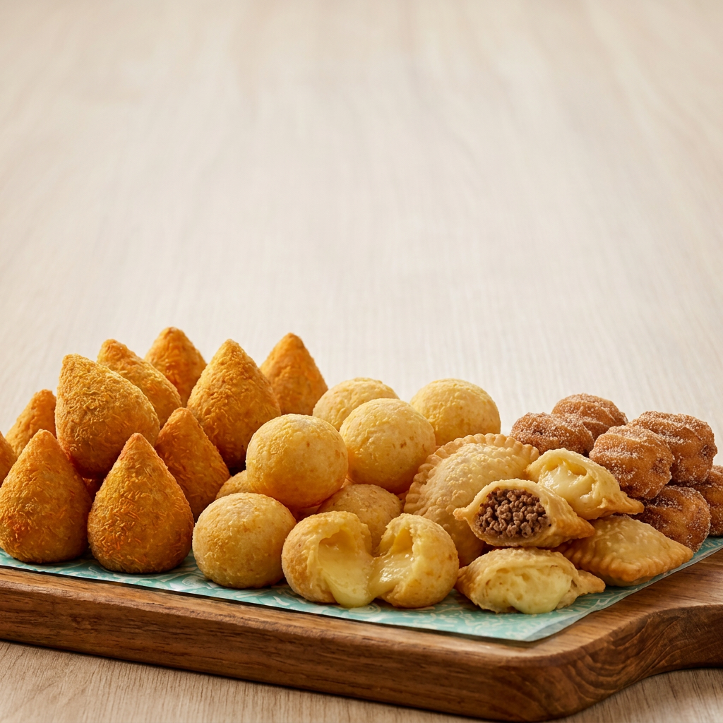 SABORES: COXINHA DE FRANGO SABOROSA, BOLINHA DE QUEIJO DERRETIDO, RISOLE DE PRESUNTO E QUEIJO, CALABRESA MOÍDA TEMPERADINHA, CARNE MOÍDA REFOGADA.
SABORES DOS PASTEIS ; CARNE MOIDA TEMPERADA QUEIJO DERRETIDO,PRESUNTO COM QUEIJO, PIZZA É QUEIJO COM OREGANO
CHURROS RECHEADO DE DOCE DE LEITE PASSADO NO AÇUCAR E CANÉLA
PODENDO ESCOLHER OS SABORES DE SUA PREFERÊNCIA NO CAMPO OBS.
