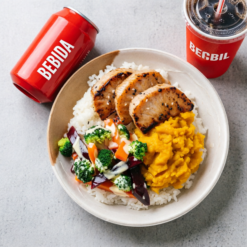 Escolha sua opção: Salmão grelhado, Salmão selado, Atum selado ou Frango grelhado , acompanha purê de abóbora, arroz e legumes na manteiga (brócolis, cenoura e beterraba) molho a sua escolha. Pode ser aquecido de 30s no microondas