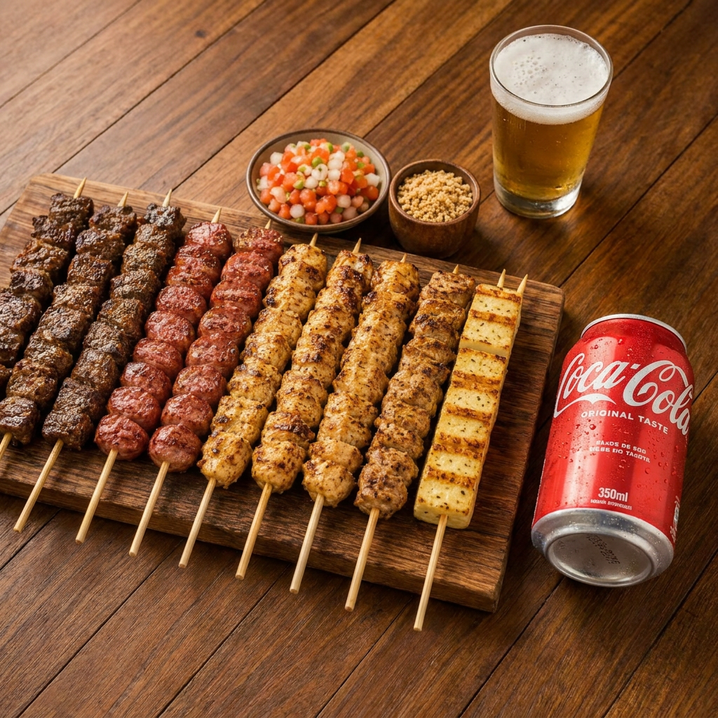 **Combo Torcedor + Coca 350ml**
O combo ideal para acompanhar cada lance da partida! Perfeito para quem quer saborear um churrasco na brasa sem perder um minuto do jogo.
**3 Espetos Tradicionais** à sua escolha:
Carne Bovina
Frango Grelhado
Linguiça Toscana
**1 Coca-Cola 350ml** bem gelada para completar a experiência.
Churrasco preparado na brasa, com ingredientes selecionados, muito sabor e qualidade em cada espeto.
**Serve 1 pessoa.**