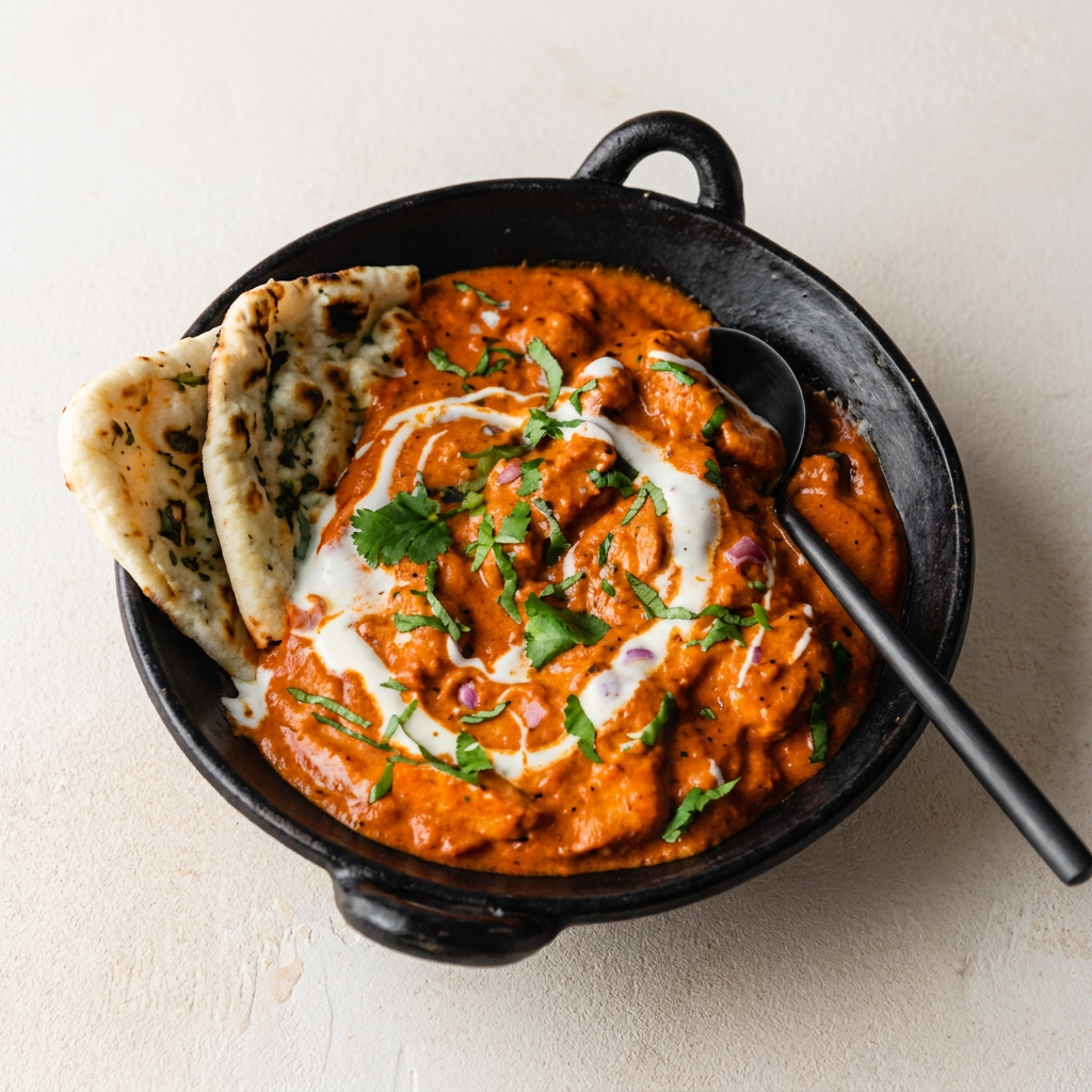 Cubos de frango chega no molho saboroso de castanha de caju, tomate, manteiga com temperos indianos. (250ml) Naan (2unidades)