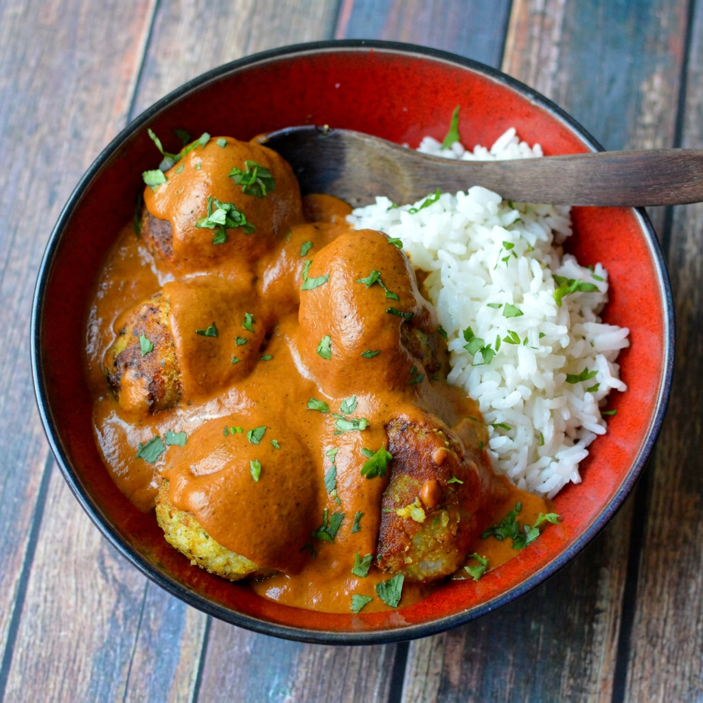 Bolinhos de legumes cozidos ao curry de cebola, tomate, alho e castanha de cajú. (250ml) Arroz Basmati (300ml)