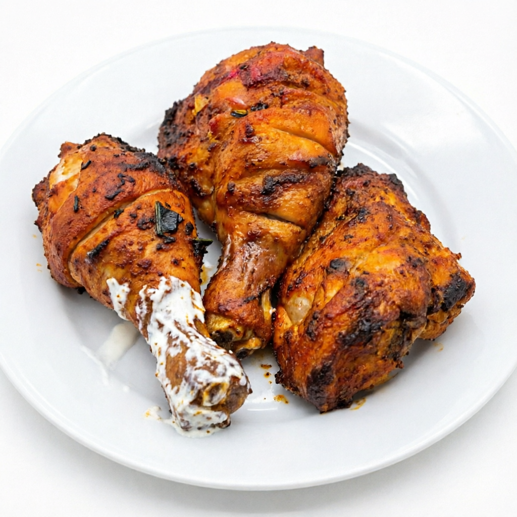 Pedaços de frango marinado em iogurte e temperos, cozidos em um tandoor.