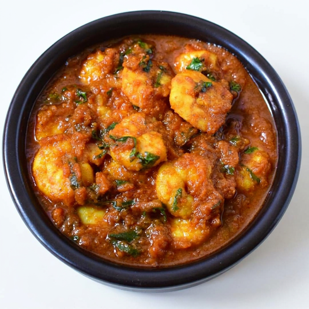 Pedaços de camarão com molho de tomate, cebola, alho, gengibre e molho de castanha de caju e temperos indianos. (8 pedacos)