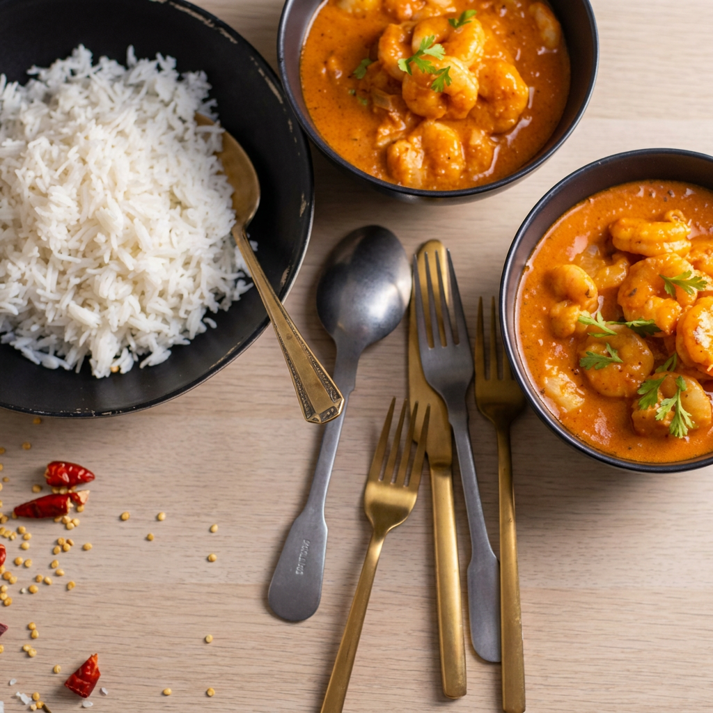 Camarão feito no molho de tomate (60g) ,cebola, alho, gengibre, creme de leite (250ml) Arroz Basmati (300gms)