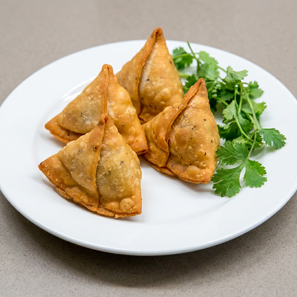 Pastel Massa caseira feita com farinha de trigo e recheado de frango cozido com especiarias Indianas