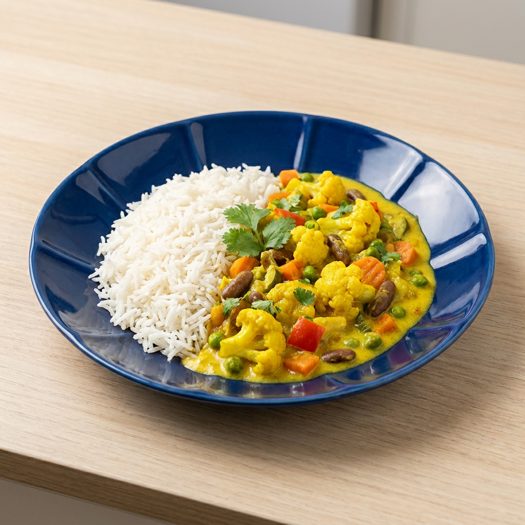 Couve flor, vagem, cenoura, ervilhas e pimentão cozidos a base de curry tradicional.(250ml) Basmati (300ml)