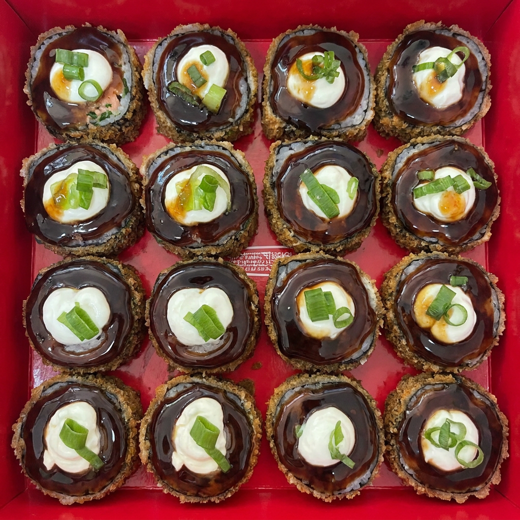 20 peças de hot roll recheados com salmão grelhado e cebolinha. Cobertos com cream cheese, molho tarê e cebolinha.