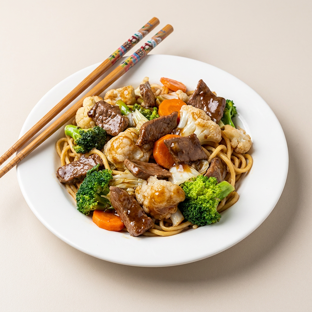 Macarrão de yakissoba Kirin, tiras de coxão mole, brócolis, couve flor, cenoura, acelga com nosso exclusivo molho de yakissoba Alilui. Contém Óleo de gergelim torrado.
