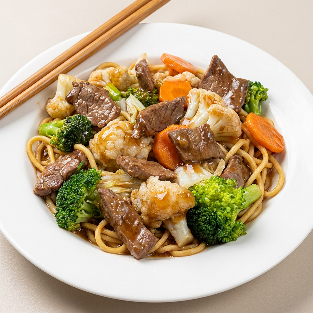 Macarrão de yakissoba Kirin, tiras de coxão mole, brócolis, couve flor, cenoura, acelga com nosso exclusivo molho de yakissoba Alilui. Contém Óleo de gergelim torrado.
