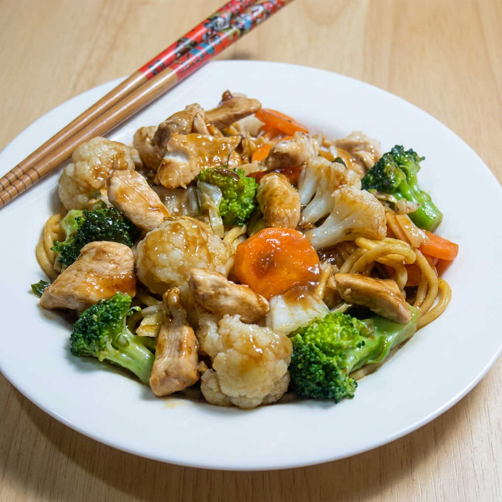 Macarrão de yakissoba Kirin, tiras de filé de peito de frango, brócolis, couve flor, cenoura, acelga com nosso exclusivo molho de yakissoba Alilui. Contém Óleo de gergelim torrado.