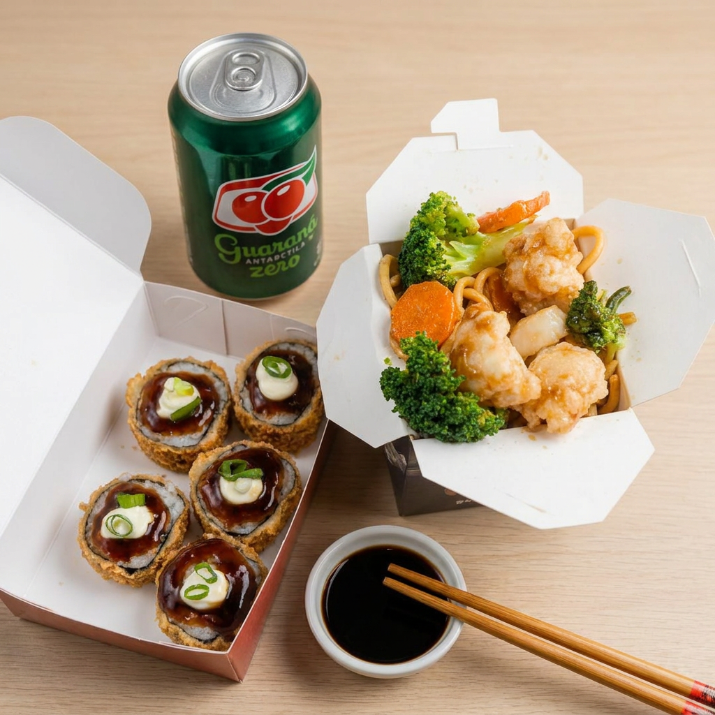 1 Yakissoba Pequeno 500g
5 Hot Rolls
1 Rolinho Queijo
1 Refri