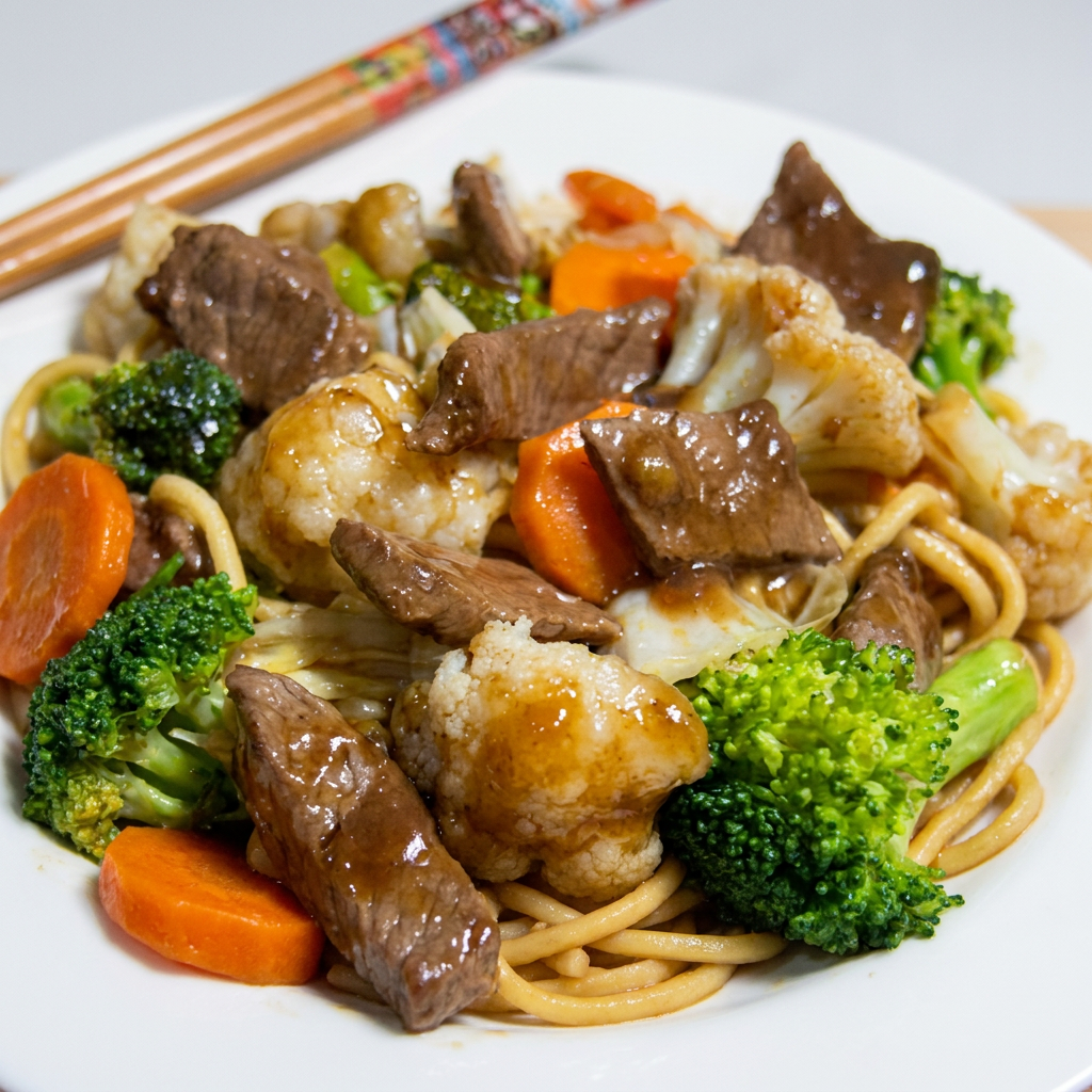 Macarrão de yakissoba Kirin, tiras de coxão mole, brócolis, couve flor, cenoura, acelga com nosso exclusivo molho de yakissoba Alilui. Contém Óleo de gergelim torrado.