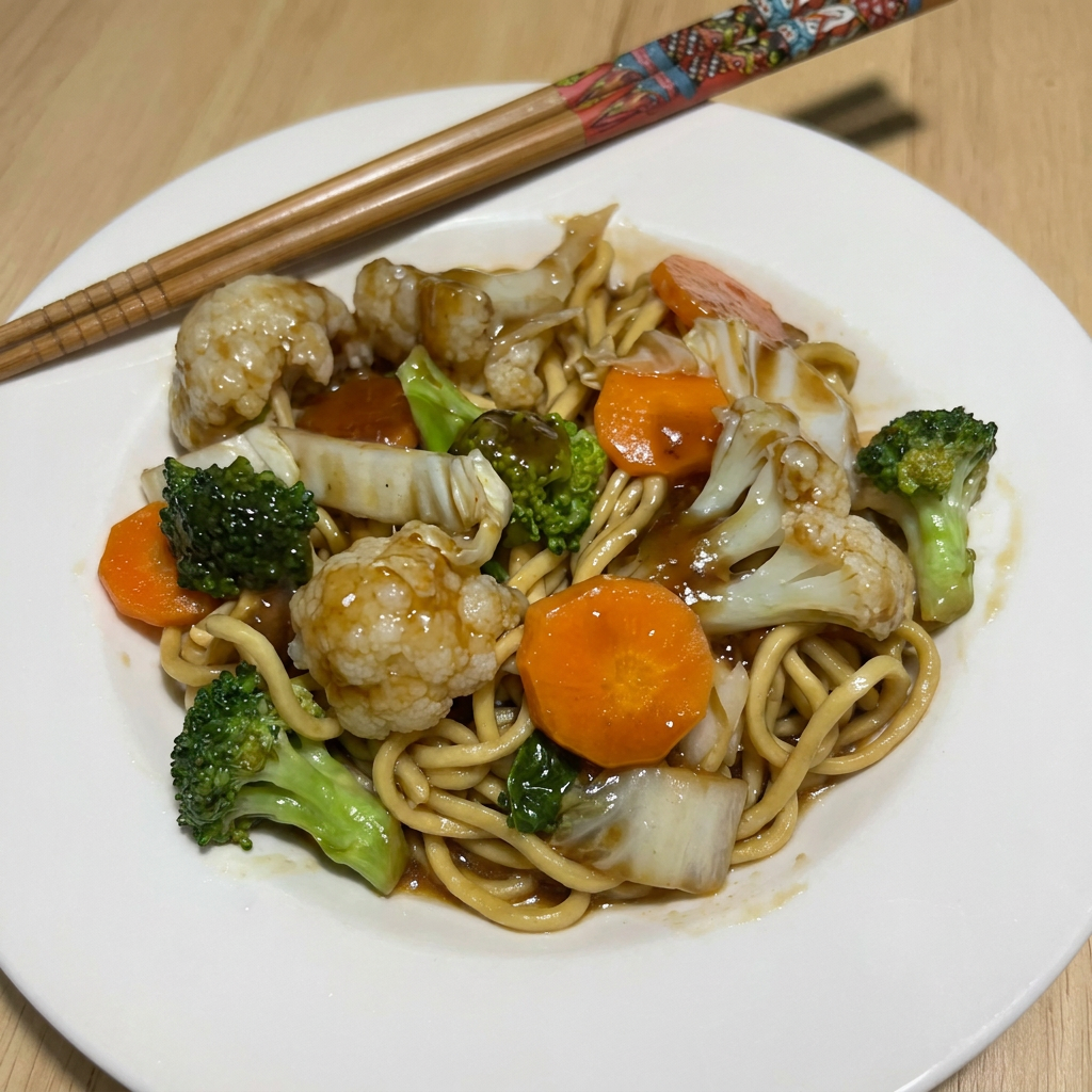 Macarrão de yakissoba Kirin, brócolis, couve flor, cenoura, acelga com nosso exclusivo molho de yakissoba Alilui. Contém Óleo de gergelim torrado.
