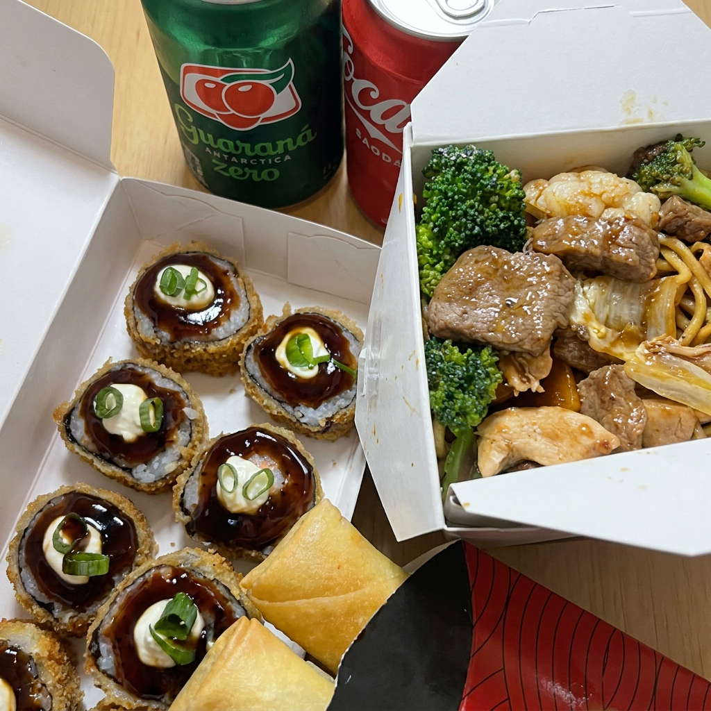Nosso combo mais famoso está de volta!!! 1 Yakissoba Misto, 10 Hot Roll de Salmão cobertos com cream cheese e tarê, 2 Rolinho de Queijo, 2 Refrigerante em Lata. Não acompanha molho.