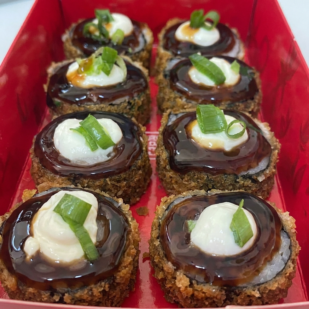 10 peças de hot roll recheados com salmão grelhado e cebolinha. Cobertos com cream cheese, molho tarê e cebolinha.