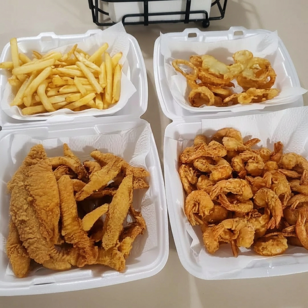 Porção de 360 G camarão praiano,480 G batata frita e 480 G filé de tilápia , acompanhando de cebolas empanadas
