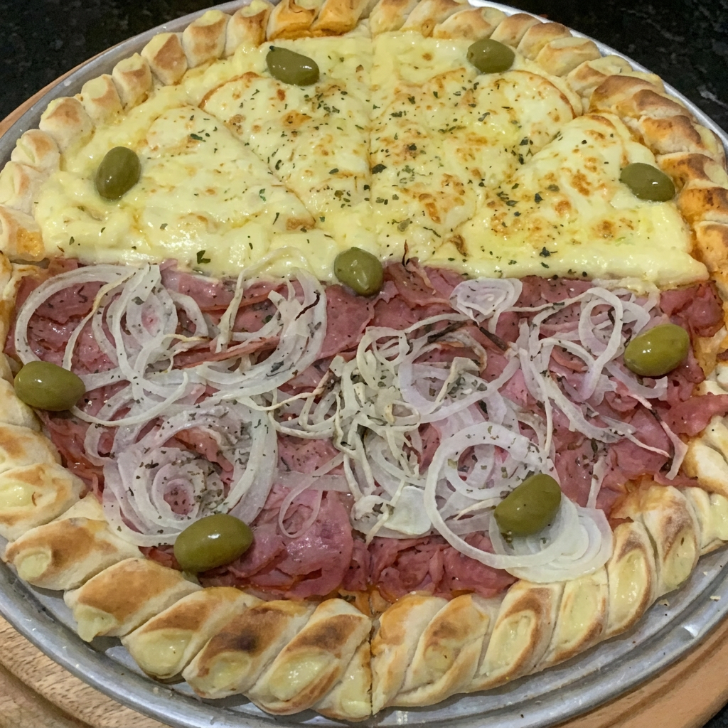 Deliciosa pizza brotinho (4 pedaços) com duas opções de sabores à sua escolha + borda recheada grátis de requeijão cremoso ou cheddar.