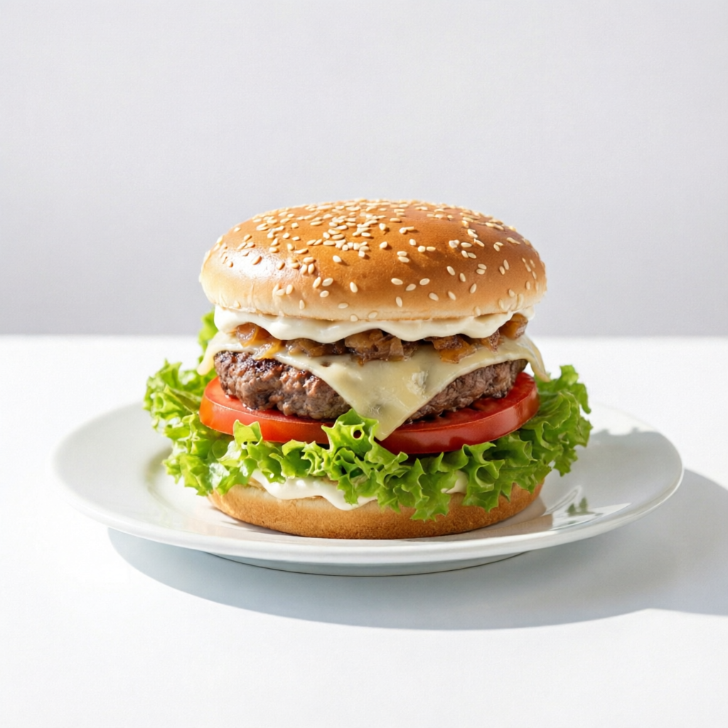 Pão de Brioche, Maionese Especial, Hamburguer 120g, Alface, Tomate e Queijo Mussarela