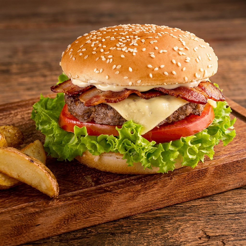 Pão de Brioche , Maionese Especial, Hamburguer 120g ,Bacon, Tomate e Queijo Mussarela