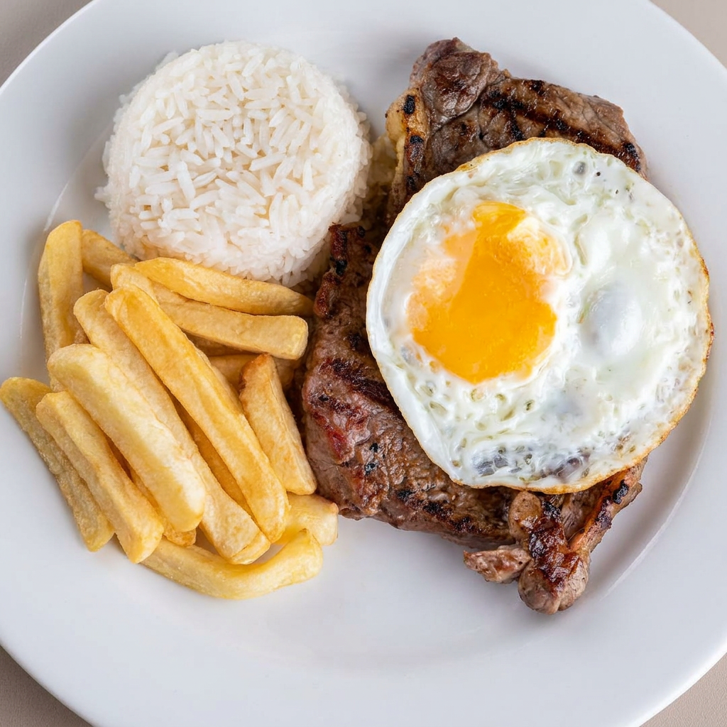 Arroz, Feijão, Ovo , Farofa,Fritas ou salada