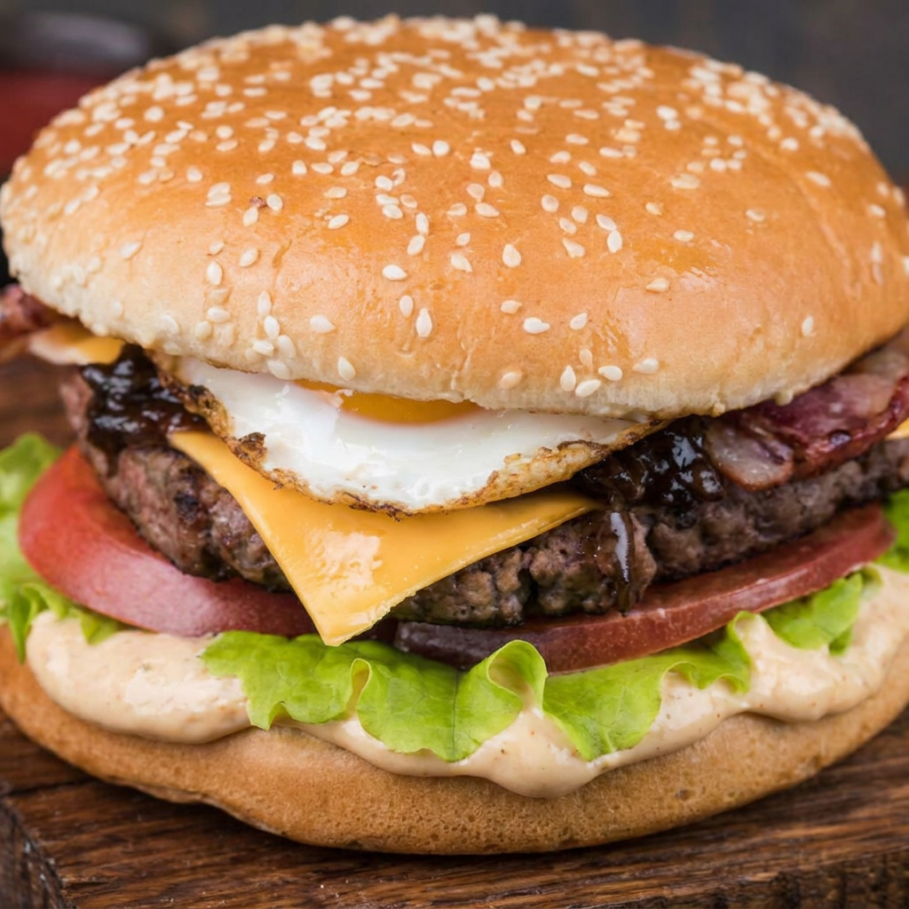 Pão de Brioche, Maionese Especial, 120g de Hamburguer , Calabresa, Ovo, Bacon, Alface, Tomate e Queijo Mussarela.