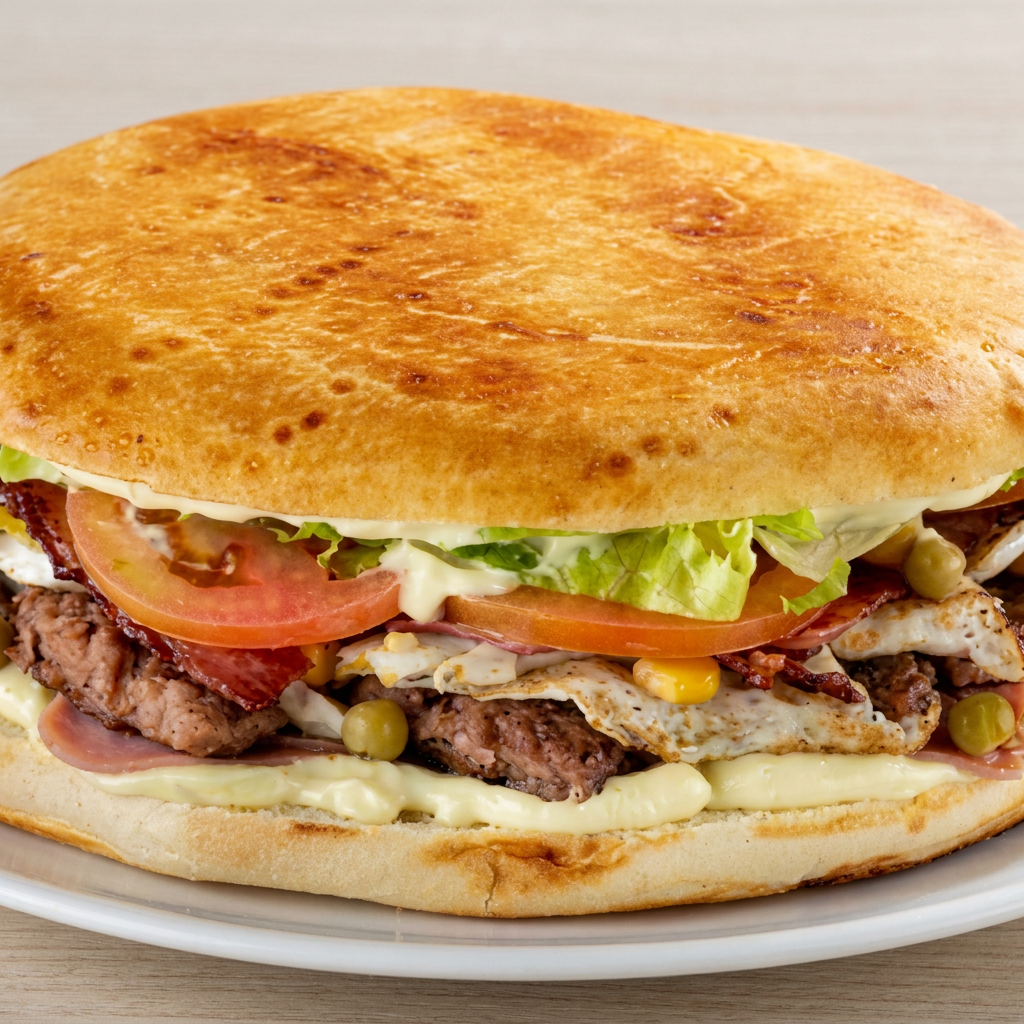 Bacon, ovo, atum, presunto, queijo, salada e maionese.