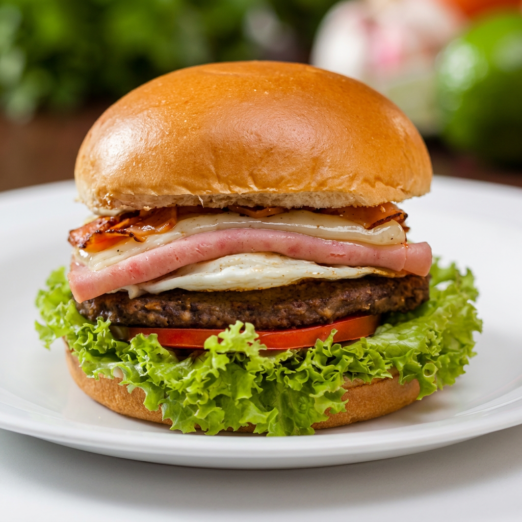 Pão de Brioche, Maionese Especial, Hamburguer 120g, Ovo, Presunto, Alface , Tomate e Queijo Mussarela.