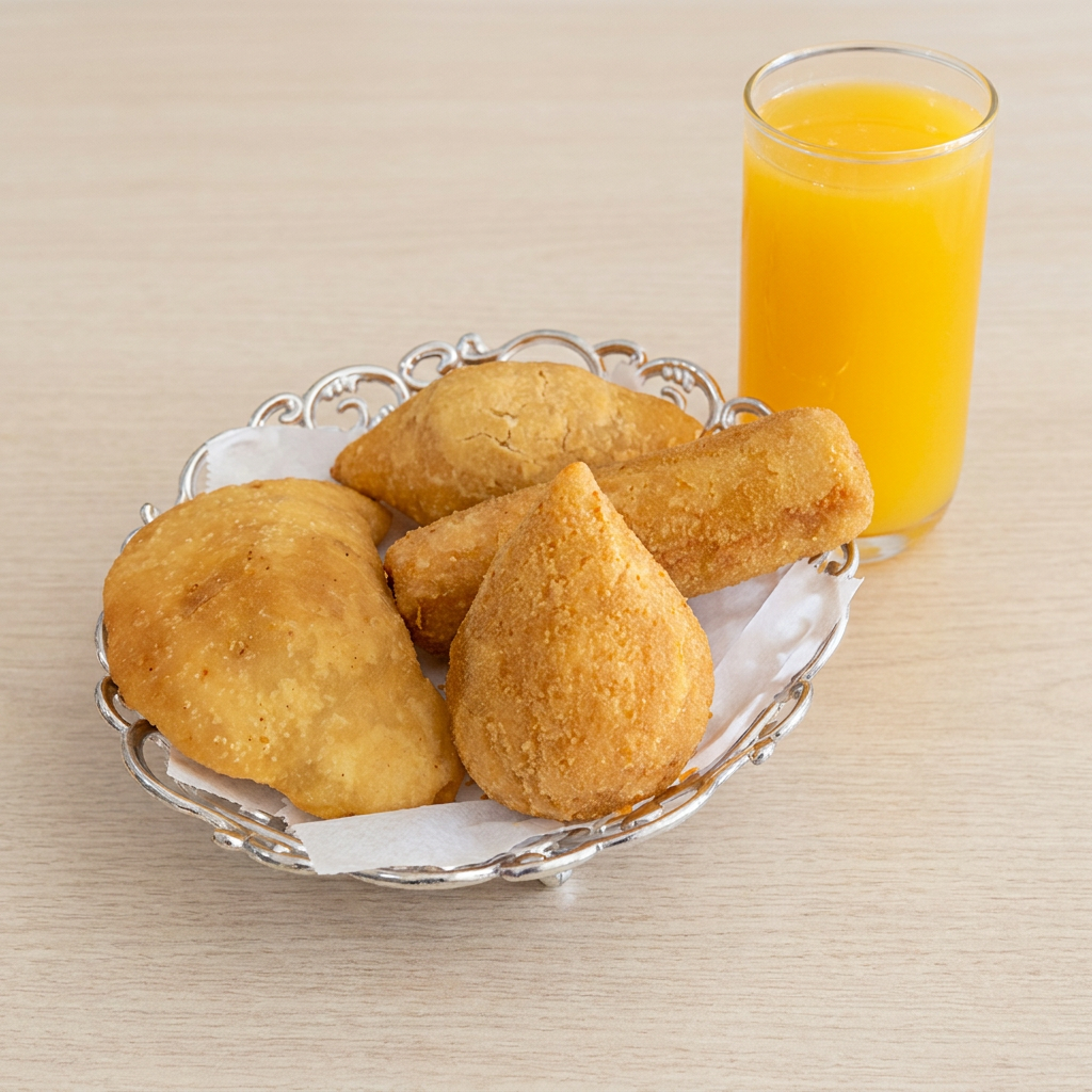 4 deliciosos Salgados Variados + 1 Suco de Laranja (500ml)