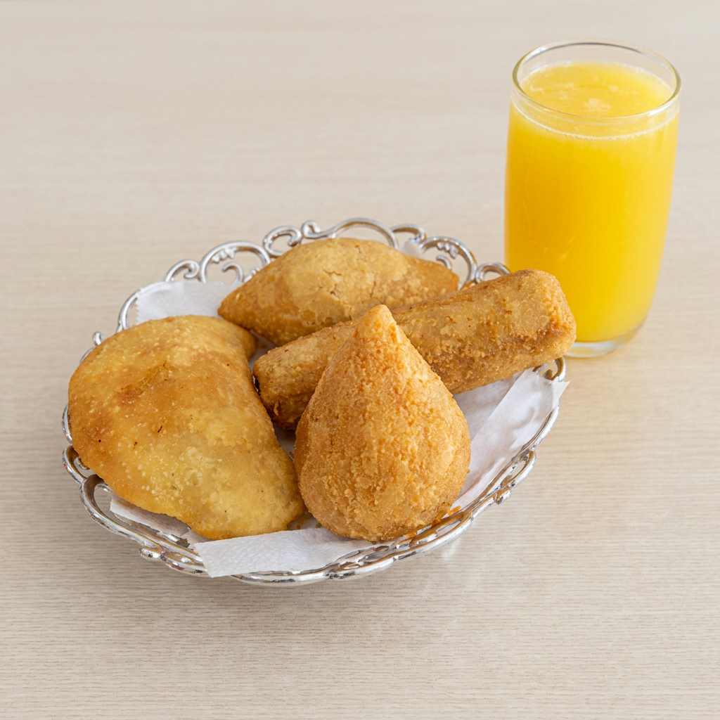 4 Salgados + Suco de Abacaxi