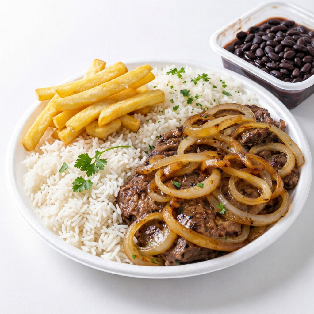 Super suculento bife de vaca acebolado , tempero caseiro delicioso com rodelas de cebolas refogadas , arroz soltinho, feijão e os acompanhamentos da sua preferência