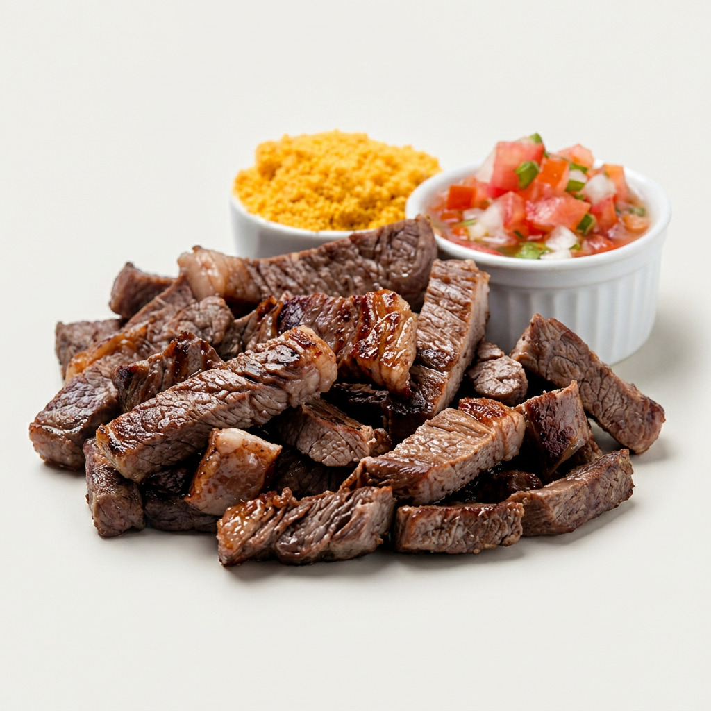 150G DE CARNE, ARROZ, VINAGRETE, PURÊ DE BATATA E FAROFA