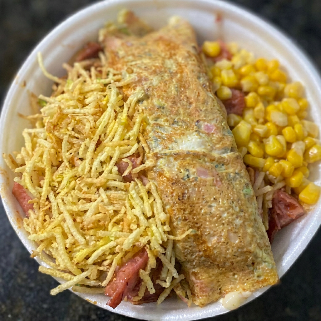 Acompanha Frango, bacon, milho, batata palha, 1 omelete recheada (Catupiry ou cheeder), (omelete feita com presunto e orégano). Deixar na descrição preferencia para recheio.(foto ilustrativa)( servido na marmita media 750 ml)