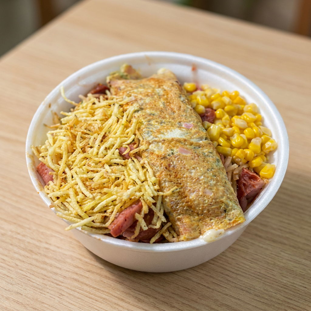 Acompanha alcatra , bacon, milho, batata palha, 1 omelete recheada (Catupiry ou cheeder ), (omelete feita com presunto e orégano). Deixar na descrição preferencia para recheio.(foto ilustrativa) ( servido na marmita media 750 ml)