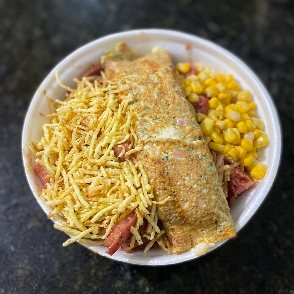 Acompanha calabresa, bacon, milho, batata palha, 1 omelete recheada (Catupiry ou cheeder), (omelete feita com presunto e orégano). Deixar na descrição preferencia para recheio.( servido na marmita media 750 ml)