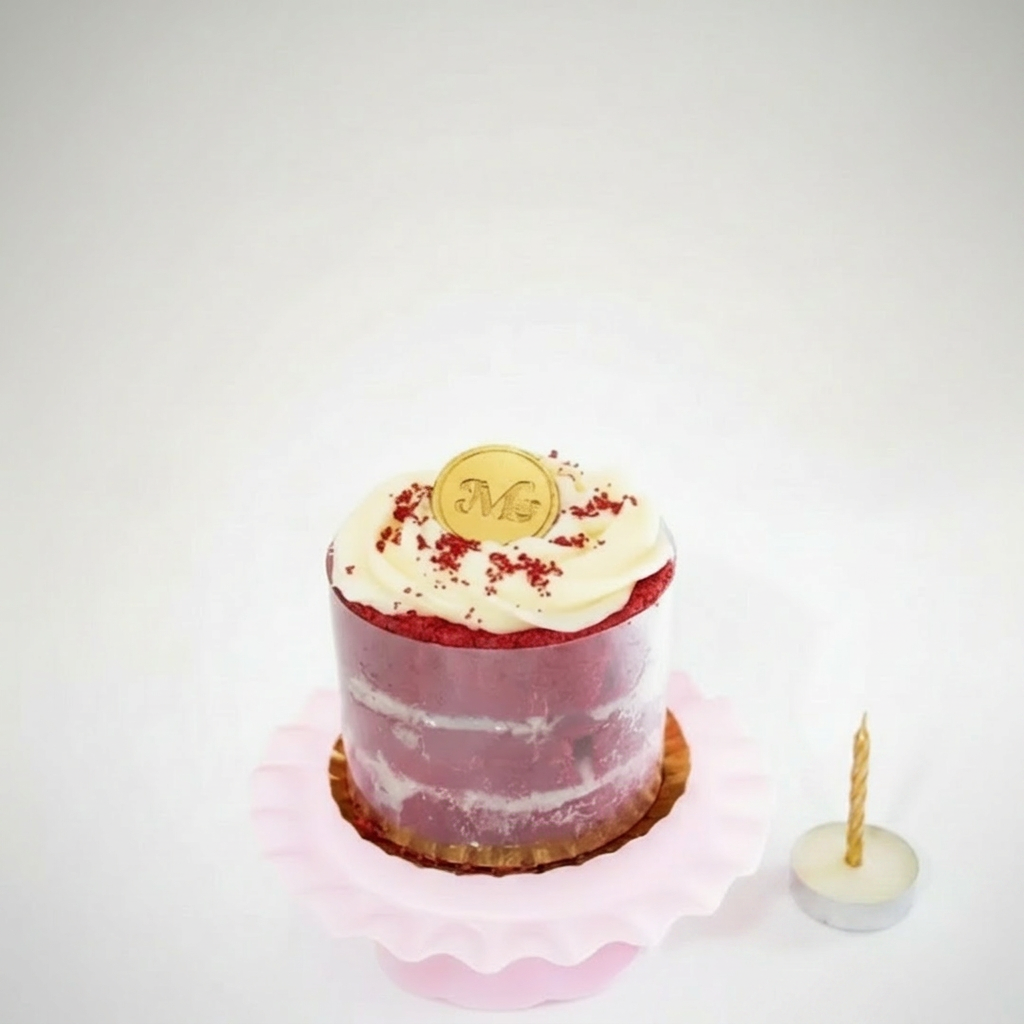 Mini bolo tamanho 8cm, massa Red Velvet e recheio de Ninho. Embalado em embalagem para presente, acompanha 1 velinha.